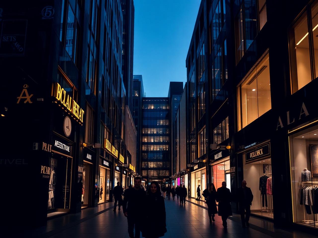 Premium retail boulevard at night